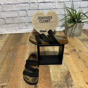 Birkenstock Birki’s US L 7 M 5 Unisex Black Elastic Strap Sandals Cork Bottom